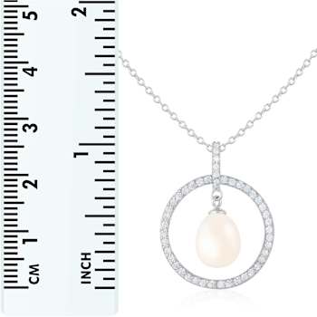 8-9mm Drop White Cultured Freshwater Pearl and CZ Rhodium Over Sterling
Silver Pendant