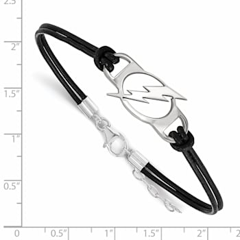 Rhodium Over Sterling Silver NHL LogoArt Tampa Bay Lightning Leather Bracelet