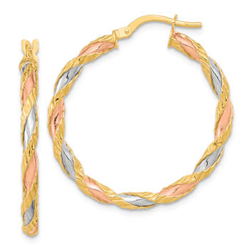 14k Yellow Gold and Rhodium Over 14k Yellow Gold 1 1/4" Textured
Twisted Hoop Earrings