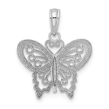 Rhodium Over 10K White Gold Polished and Textured Butterfly Charm