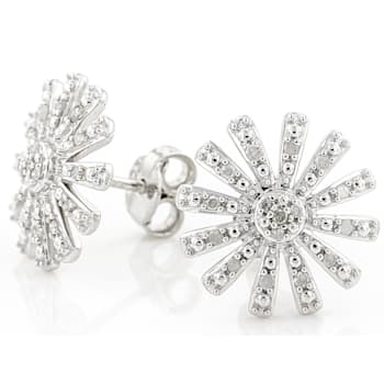 White Diamond Rhodium Over Sterling Silver Floral Inspired Cluster
Earrings 0.15ctw
