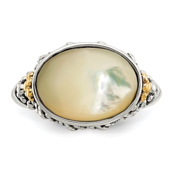 Sterling Silver Antiqued with 14K Accent Floral Oval Mother Of Pearl Ring