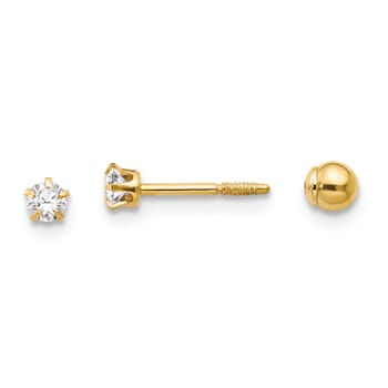 14K Yellow Gold Polished Reversible Cubic Zirconia and 3mm Ball Earrings