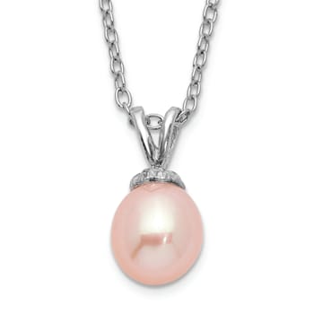 Rhodium Over Sterling Silver Pink Rice 6-7mm FWC Pearl Necklace