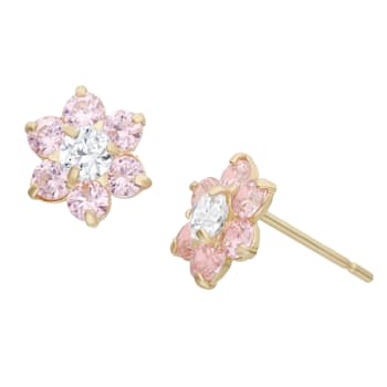 Pink And White Cubic Zirconia 14k Yellow Gold Children's Flower Earrings 0.68ctw