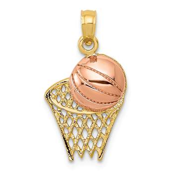 14k Two-tone Gold  Textured Basketball Hoop with Ball Pendant