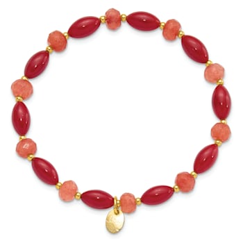 14K Yellow Gold Over Sterling Silver Coral and Jade Beaded Stretch Bracelet