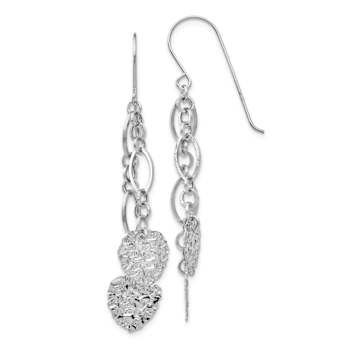 Rhodium Over 14k White Gold Textured Dangle Heart Earrings