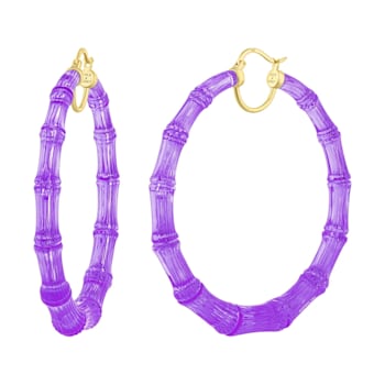 14K Yellow Gold Over Sterling Silver XL Acrylic Bamboo Hoops in Purple
