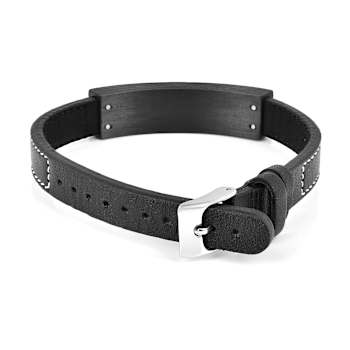 Mens Carbon Fiber, Stainless Steel and Black Leather Greek Key Bracelet