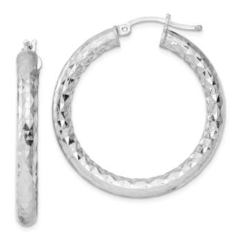 Rhodium Over Sterling Silver 4.00mm Diamond-cut Hoop Earrings
