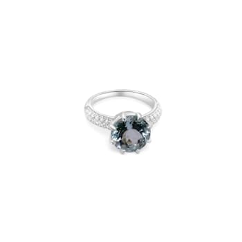 10mm Round Aquamarine and White CZ Rhodium Over Sterling Silver Ring, 3.62ctw