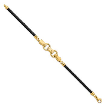 14k Yellow Gold Polished Fancy Link Leather Bracelet