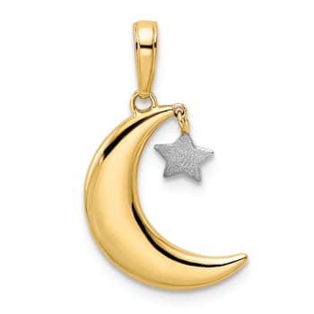 14K Yellow Gold and White Rhodium Moon with Dangle Star Pendant
