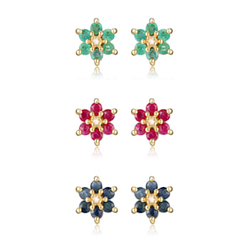 Green Emerald 18k Yellow Gold Over Sterling Silver Flower Earring Set
