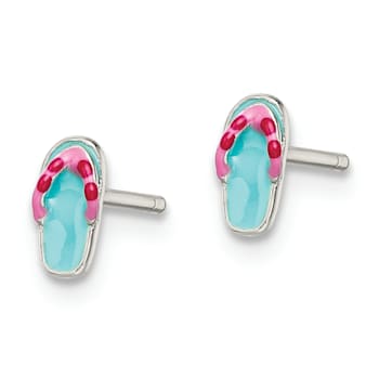 Rhodium Over Sterling Silver Teal and Pink Enamel Flip Flop Childs Post Earrings