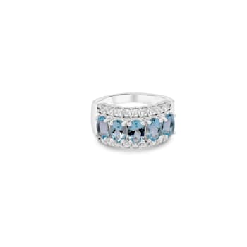 6x4mm Oval Aquamarine and White CZ Rhodium Over Sterling Silver Ring, 2.0ctw