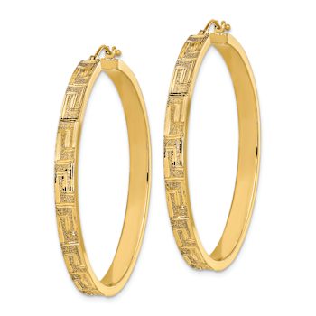 14k Yellow Gold Polished and Satin 1 13/16" Greek Pattern Hoop Earrings