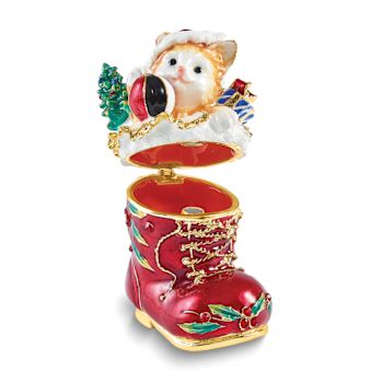 PLAYFUL KITTEN Christmas Cat In Stocking Trinket Box