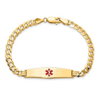 14k Yellow Gold Medical Soft Diamond Shape Red Enamel Flat Curb Link ID Bracelet