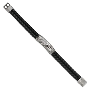 Black Leather and Stainless Steel with Damascus Steel Bracelet
