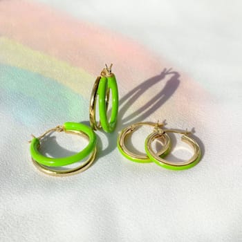 14K Yellow Gold Over Sterling Silver Double Hoop Enamel Earrings in Neon Green