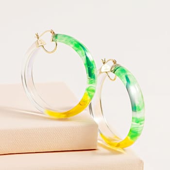 14K Yellow Gold Over Sterling Silver Green and Yellow Tie Dye Acrylic Hoops