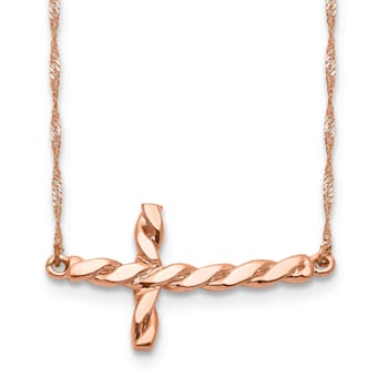 14K Rose Gold Polished Twisted Sideways Cross 17-inch Necklace