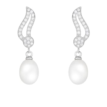7-8mm White Cultured Freshwater Pearl and Cubic Zirconia Rhodium Over
Sterling Silver Earrings