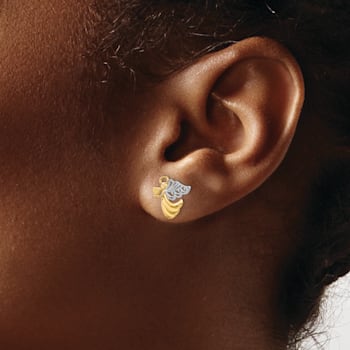 14k Yellow Gold and Rhodium Over 14k Yellow Gold Angel with Heart Stud Earrings