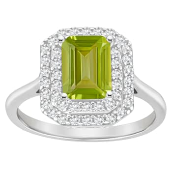 8x6mm Emerald Cut Peridot And White Topaz Accents Rhodium Over Sterling
Silver Double Halo Ring