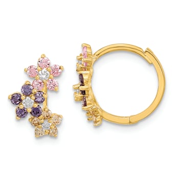 14K Yellow Gold Hinged Flower Multicolor Cubic Zirconia Hoop Earrings