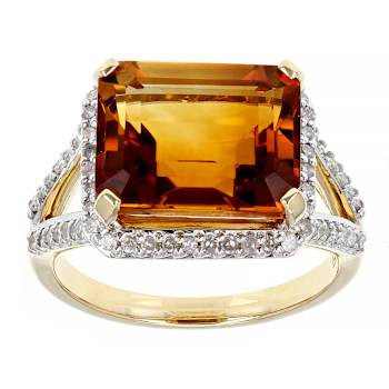 Citrine Rectangular Octagonal And White Diamond Halo Ring In Solid 14K
Yellow Gold 4.55ctw