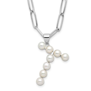 Rhodium Over Sterling Silver 3-5.5mm Freshwater Cultured Pearl LETTER T
18-inch Necklace