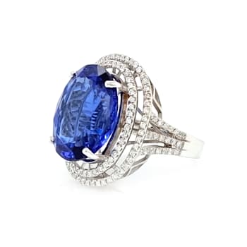 14.80 Ctw Tanzanite and 0.71 Ctw White Diamond Ring in 18K WG