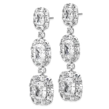 Rhodium Over Sterling Silver Fancy Cubic Zirconia Halo Cluster Post
Dangle Earrings