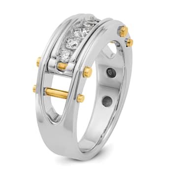 14K Yellow and White Gold Men's Polished Grooved Cut-Out 5-Stone Diamond Ring