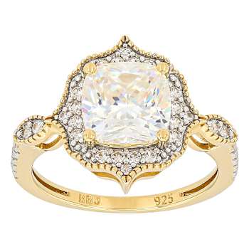 Diamond Simulant And White Zircon Ring In 18K Gold Over Sterling Silver 3.37ctw
