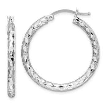 Rhodium Over Sterling Silver 3.00mm Diamond-cut Hoop Earrings