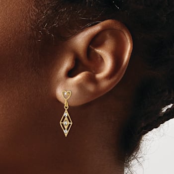 14K Two-tone Gold Diamond-Cut Diamond Shape Heart Dangle Earrings
