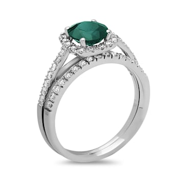 1.35ctw Emerald and Diamond Engagement Ring with Band Ring in 14k White Gold