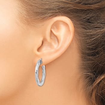 Rhodium Over Sterling Silver 3x29mm Diamond-Cut Twisted Tube Hoop Earrings