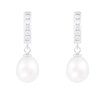 7-8mm White Cultured Freshwater Pearl and Cubic Zirconia Rhodium Over
Sterling Silver Earrings