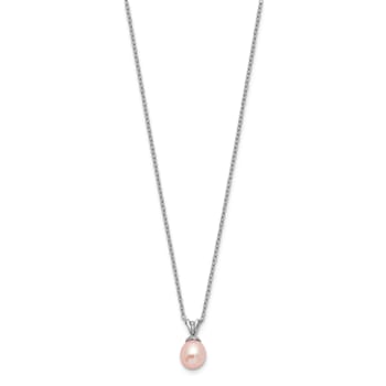 Rhodium Over Sterling Silver Pink Rice 6-7mm FWC Pearl Necklace
