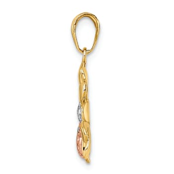 14K Tri-color Gold Diamond-Cut Ladybug on Flower Pendant