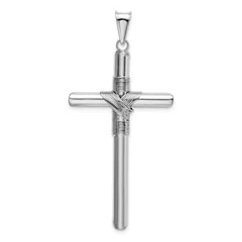 Rhodium Over 14k White Gold 3D Textured Center Wrap Tube Cross Pendant