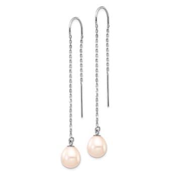 Rhodium Over 14K White Gold 7-8mm White Teardrop Freshwater Cultured
Pearl Threader Earrings