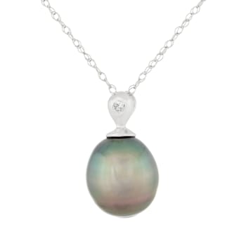 Black Cultured Tahitian Pearl and Diamond 14K White Gold Pendant 9-10mm