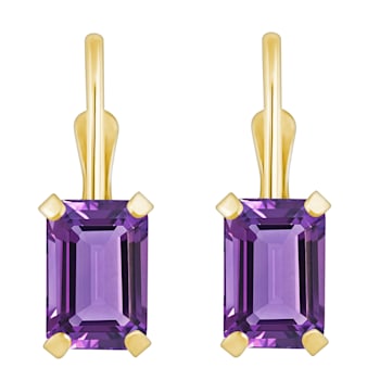6x4mm Emerald Cut Amethyst 10k Yellow Gold Drop Earrings