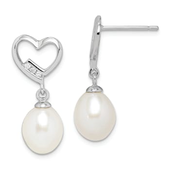 Rhodium Over Sterling Silver 7-8mm Rice Freshwater Cultured Pearl Cubic
Zirconia Heart Earrings